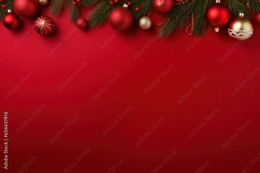 New Year red background with fir branches, balls, and decor. Xmas greeting card with copy space. New Year red background with fir branches, balls, and decor. Xmas greeting card with copy space.