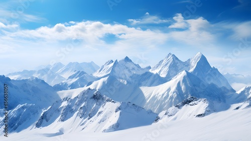Panoramic view of snowy mountains on a sunny day in winter