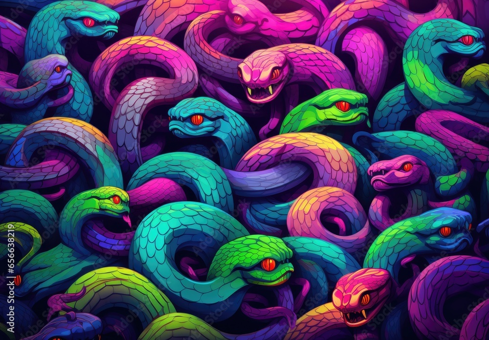 Many snakes gathered in the tangle. Abstract fantasy background. Illustration for cover, card, postcard, interior design, decor or print.