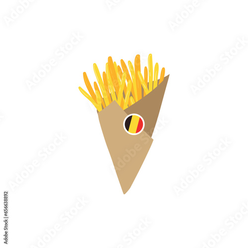 French fries Belgian fast food in a paper cone with a country flag sticker. Vector cartoon hand drawn colorful illustration. Isolate on a white background.