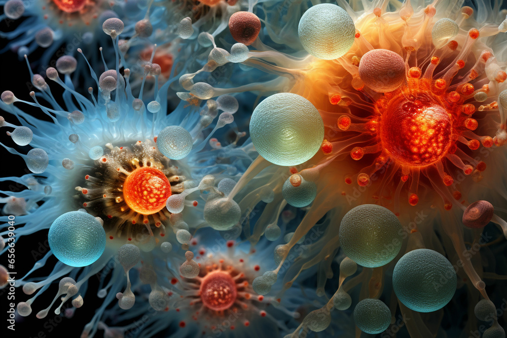 microscopic close up of a virus cell microscopic close up of a virus cell