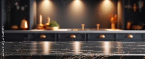 Modern empty dark marble table top or kitchen island on blurry bokeh kitchen room interior background. for montage product display. digital ai art, Generative AI