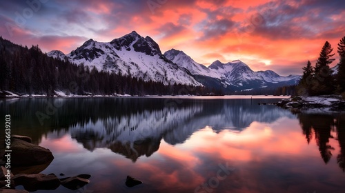 Mountains reflected in a lake at sunset, Glacier National Park, Montana