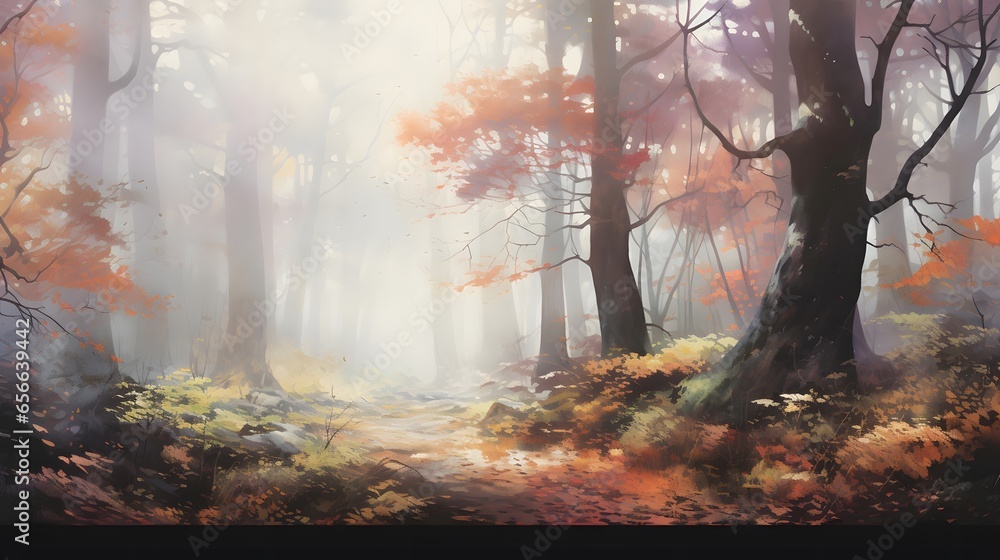 Autumn landscape with foggy forest. Panoramic image.