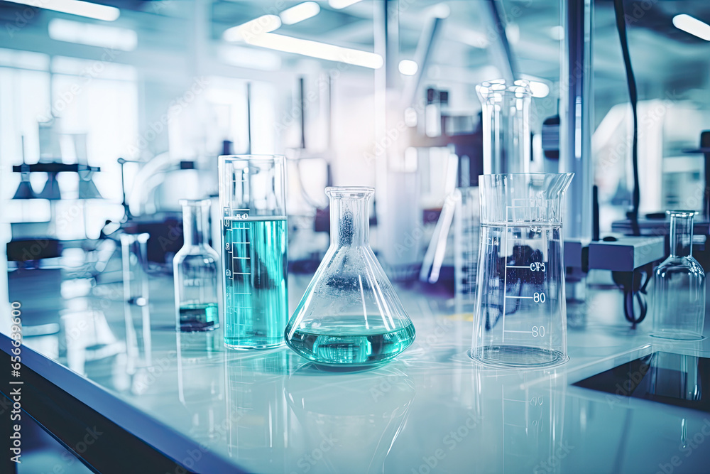 Medical Research Laboratory with test tubes in rack and flask chemical background, science research and development concept. Medical Research Laboratory with test tubes in rack and flask chemical background, science research and development concept.