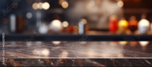 Modern empty dark marble table top or kitchen island on blurry bokeh kitchen room interior background. for montage product display. digital ai art, Generative AI