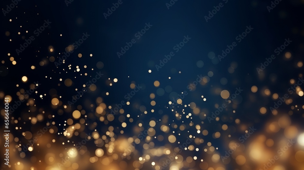 abstract background with Dark blue and gold particle. Christmas Golden light shine particles bokeh on navy blue background. Gold foil texture. Holiday, Generative AI