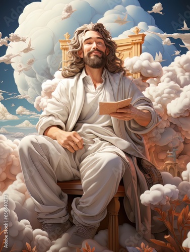 Cartoon Jesus Christ sitting in the clouds in the heavens of paradise. AI