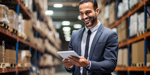 Smiling and laughing salesman in a hardware warehouse standing checking supplies on his tablet.