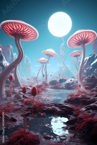 Alien Oasis: Giant Plants and Pink Grass in Extraterrestrial Landscape