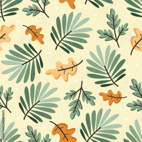 Vector seamless pattern with Autumn leaves green and brown
