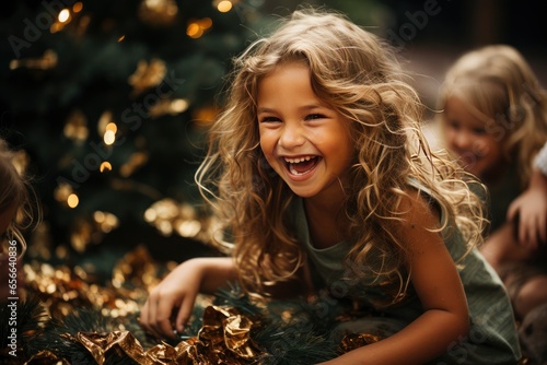 Merry Christmas and Happy Holiday! Cute little children girls with present gift box near tree at home. photo