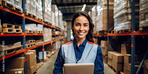 A smiling woman worker in a hardware warehouse standing checking supplies on her tablet. look at camera photo