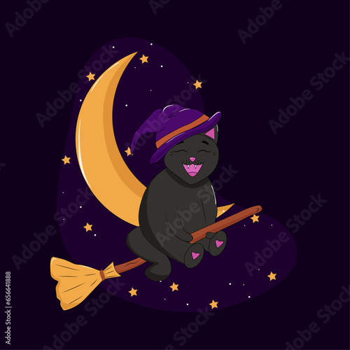 a witch's cat in a hat flies on a broomstick