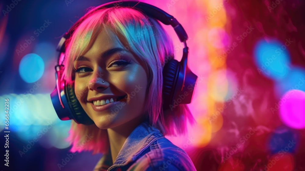candid shot of an excited young scandinavian woman party with headphones. beautiful Generative AI AIG32