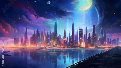 Night view of the city from the pier. Panoramic illustration
