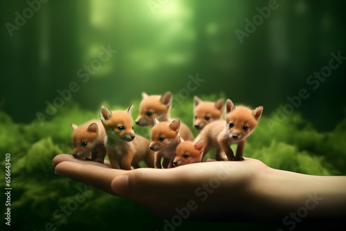 Nature's Embrace: Fox Kits and Human Hands Unite. Generative ai
