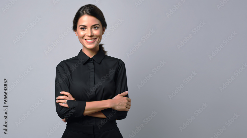 Smiling female professional, advertising against isolated background. Portrait of cheerful saleswoman advising and recommending new product - obrazy, fototapety, plakaty 