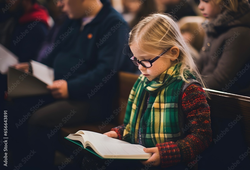 Little girl reading holy bible book. Worship at church.