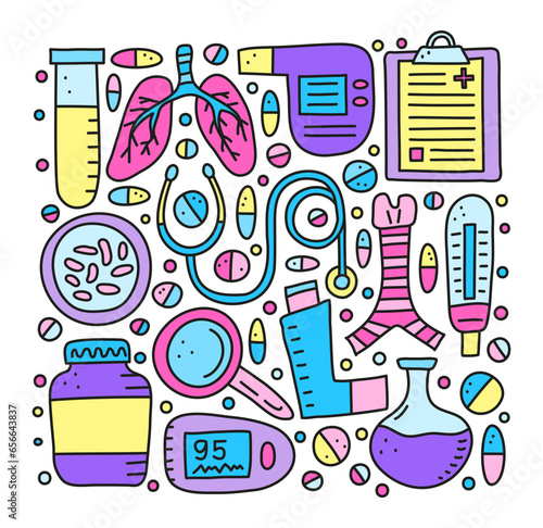 Set of doodle colored pulmonology items.