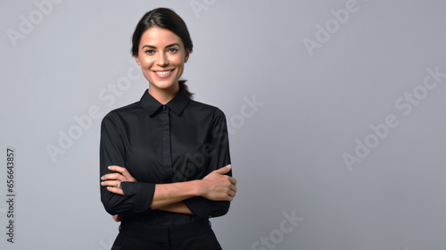 Smiling female professional, advertising against isolated background. Portrait of cheerful saleswoman advising and recommending new product