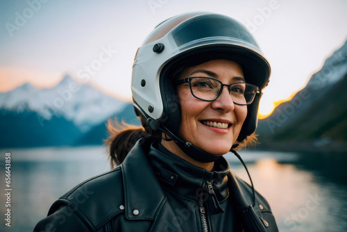 Portrait of happy confident senior female motorcyclists travels through the Norwegian fjords. Concept of active age © mikhailberkut