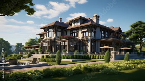 Panoramic view of a luxury villa in the garden.