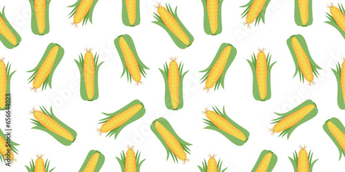 Seamless pattern with corn cobs with yellow corn grains and green leaves . Repeatable illustrations of the ripe corn on the cob. Vector