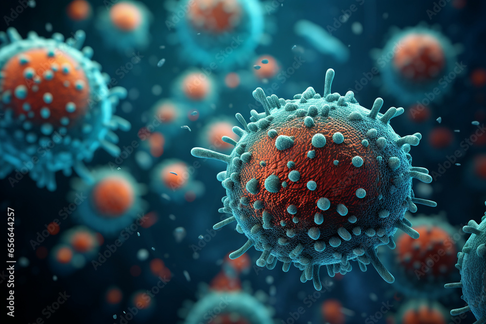 a group of viruses and bacteria close up of a virus cell coronavirus are shown in this image - obrazy, fototapety, plakaty 