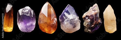 set of six different quartz crystal rocks isolated on black background, semi precious stones / gems design elements,