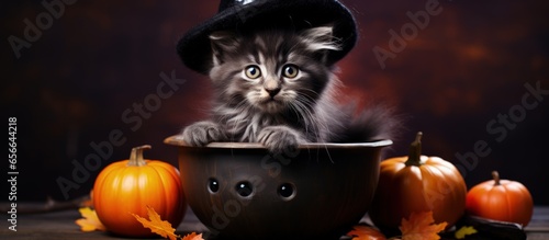 Adorable kitten in a Halloween witch costume with hat and broom in a cauldron with copyspace for text