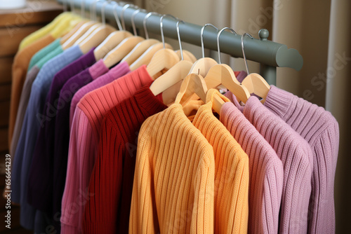 Collection of multi-colored women's knitted pullover sweaters.
