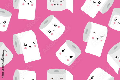 Seamless pattern with cute kawaii cartoon toilet paper rolls with faces. Vector illustration. Vector illustration