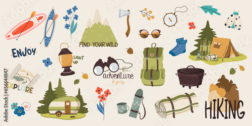 Travel set of colorful images in cartoon style. Outing camping equipment. Hiking gear, adventure trip, rucksack, tent, tourism, compass, vacation set.