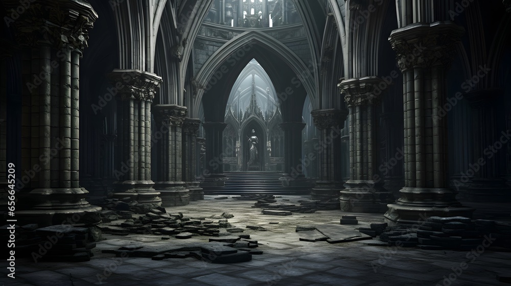 Mysterious gothic cathedral interior. 3d render illustration - obrazy, fototapety, plakaty 