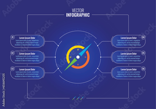 infographic template with compass symbol. six options information template with navy blue background. business infographic