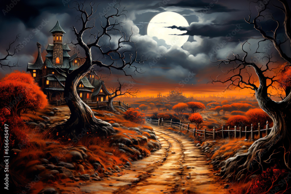 Halloween spooky landscape paintnig, night, haunted castle - obrazy, fototapety, plakaty 