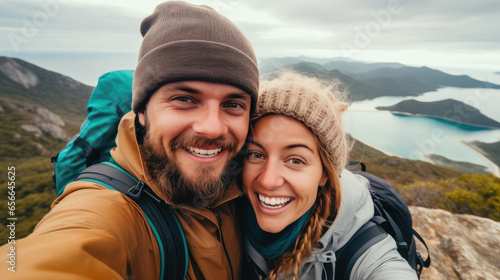 Young hiker couple taking selfie portrait on the top of mountain - Happy guy smiling at camera - Tourism, sport life style and social media influencer concept © Sasint