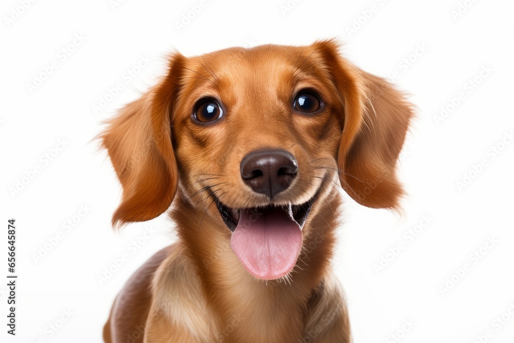 Cute playful doggy or pet is playing and looking happy isolated on white background. dachshund young dog is posing. Cute, happy crazy dog headshot smiling on white, png, Generative AI