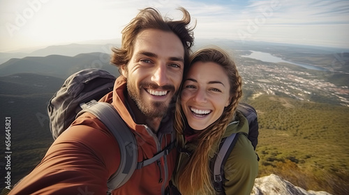 Young hiker couple taking selfie portrait on the top of mountain - Happy guy smiling at camera - Tourism, sport life style and social media influencer concept