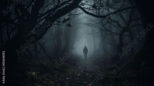 Spooky unknown one person man walking in dark forest © Denis