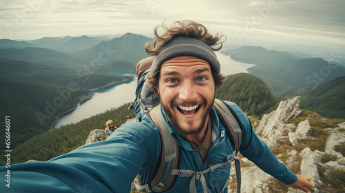 Young hiker man taking selfie portrait on the top of mountain - Happy guy smiling at camera - Tourism, sport life style and social media influencer concept