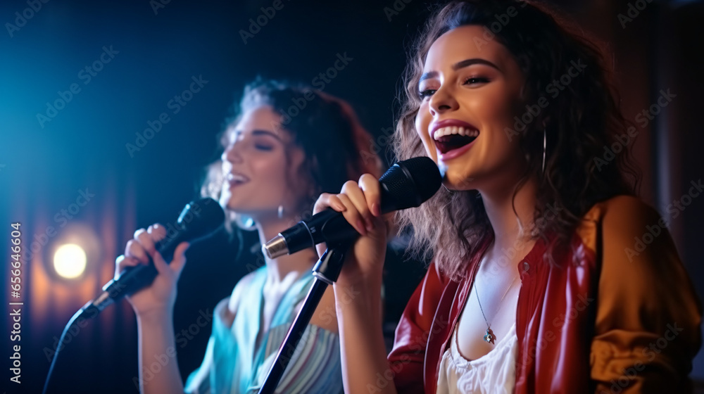 two smiling young student roommates playing karaoke. millennial female friends having fun together singing on streaming multimedia network game. entertainment and people concept - obrazy, fototapety, plakaty 