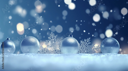 Boules de Noël argentées posées sur la neige. Paysage hivernal, neige, flocon. Pour conception et création graphique. © FlyStun