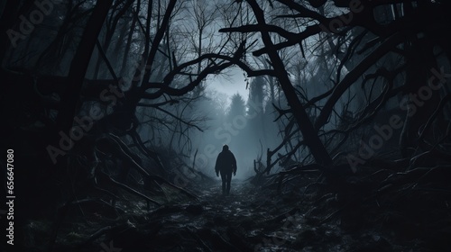 Spooky unknown one person man walking in dark forest © Denis