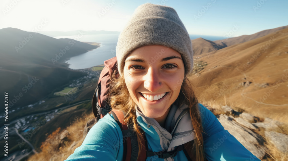 Young hiker woman taking selfie portrait on the top of mountain - Happy guy smiling at camera - Tourism, sport life style and social media influencer concept