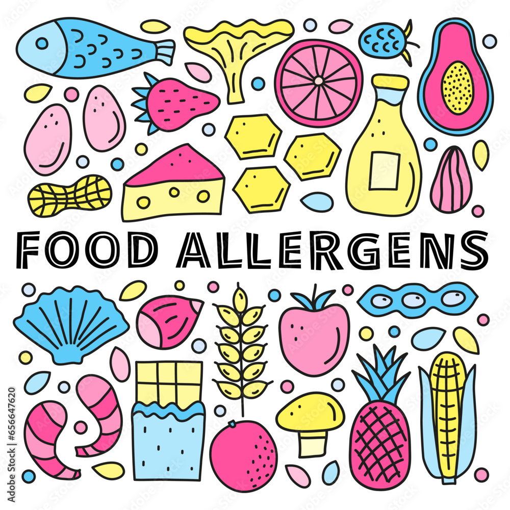 Poster with lettering and doodle food allergens.