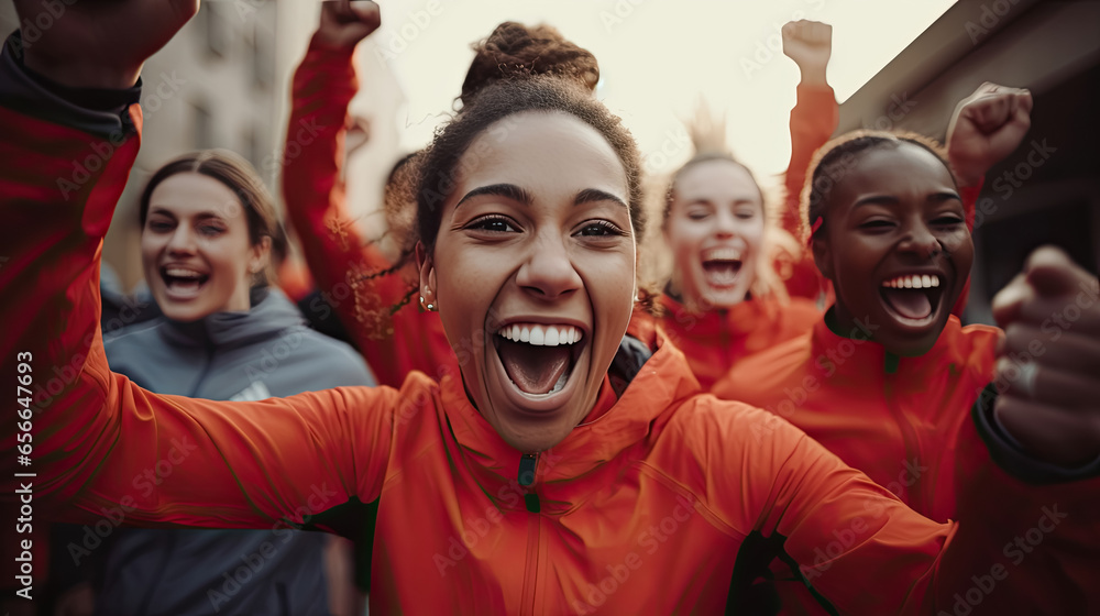 Young team of female athletes standing together and screaming in excitement. Diverse group of runners enjoying victory. - obrazy, fototapety, plakaty 