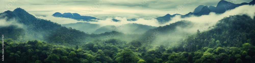 Foggy landscape in the jungle. Fog and cloud mountain tropic valley landscape. aerial view, wide misty panorama, Generative AI