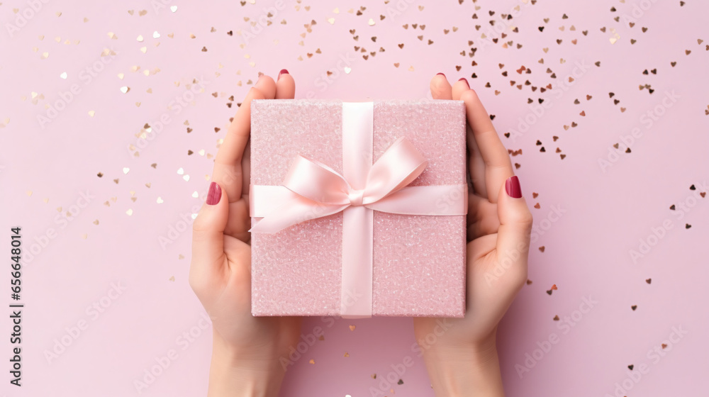Womans hands holding gift or present box decorated confetti on pink pastel table top view. Composition for Christmass - obrazy, fototapety, plakaty 